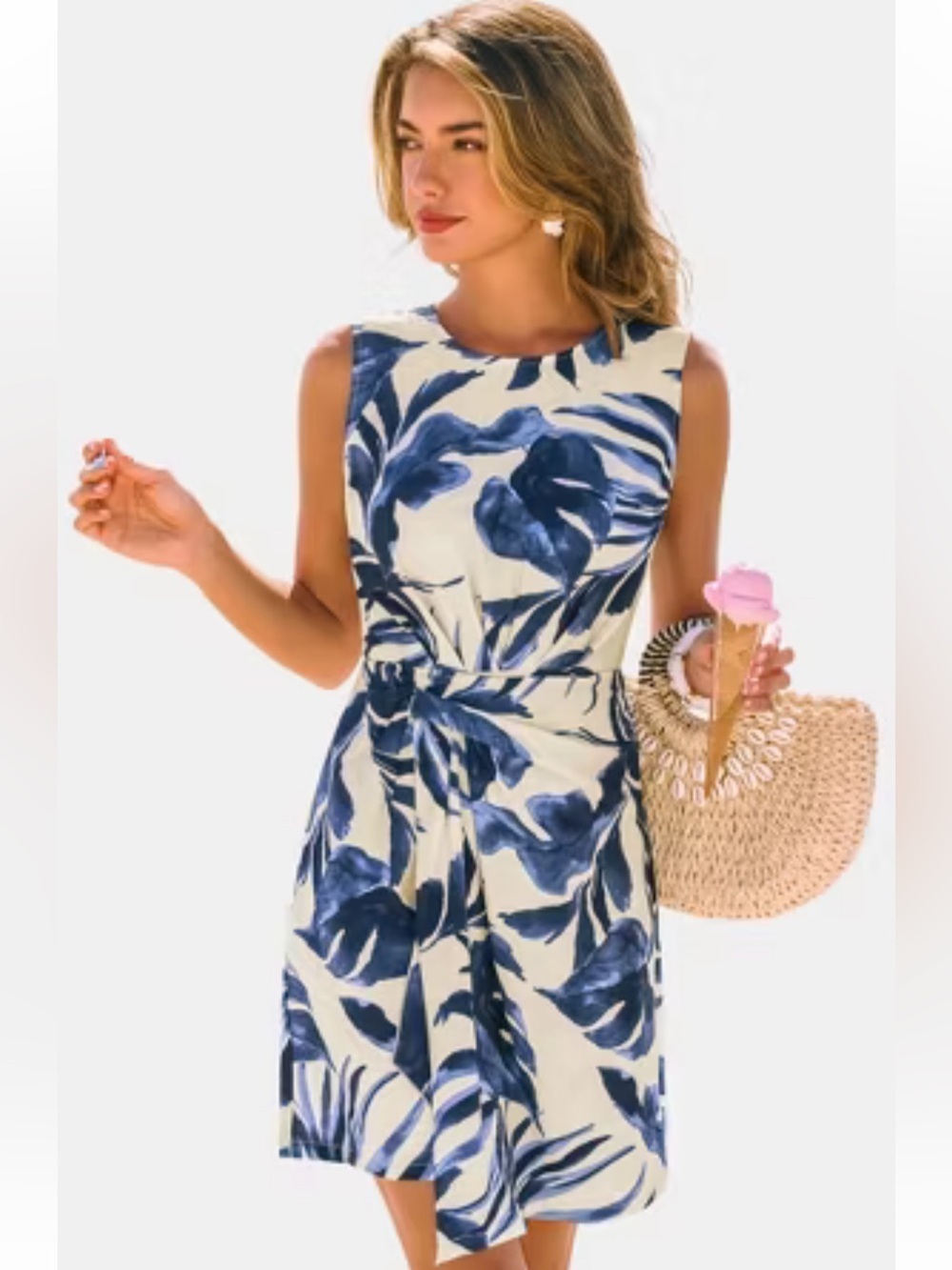 Cupshe Navy Floral Tropical Print Faux Wrap Dress SZ L NEW
